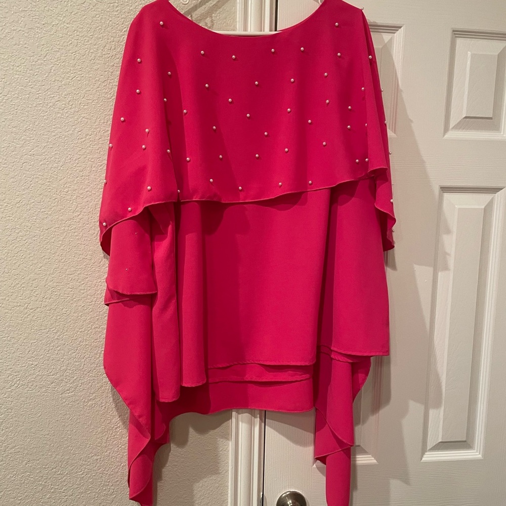 Women’s Hot Pink Cape Style Layered Blouse W/Faux Pearl Enhancements Plus SZ 3X